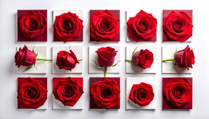 Red roses arranged in a grid pattern on white and burgundy squares