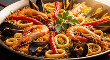 Delicious seafood paella dish, showcasing a vibrant and appetizing meal.