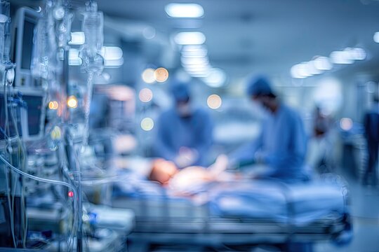 Surgical team performing operation in modern operating room with advanced medical equipment.