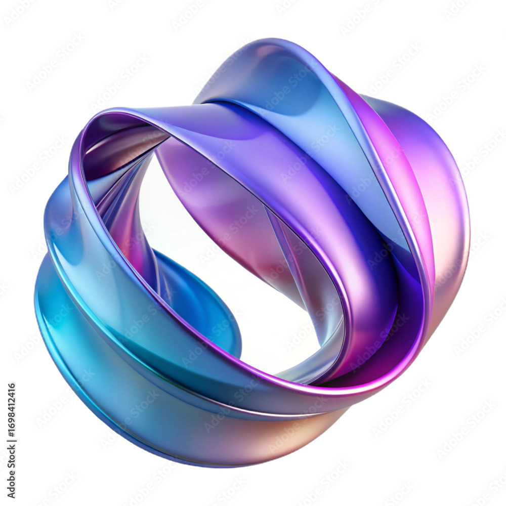 Poster a mesmerizing abstract 3d render of a twisted, fluid shape with iridescent blue and purple metallic 