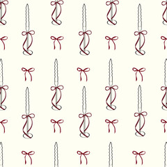 Coquette Christmas candle seamless pattern with red ribbon bows. Minimal line art holiday taper candles design for wrapping paper, gift packaging, fabric, wallpapers, backgrounds. 