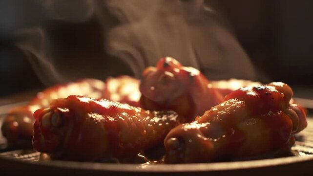Savory glazed barbecue chicken wings steaming hot on a dark plate, a delicious and classic appetizer