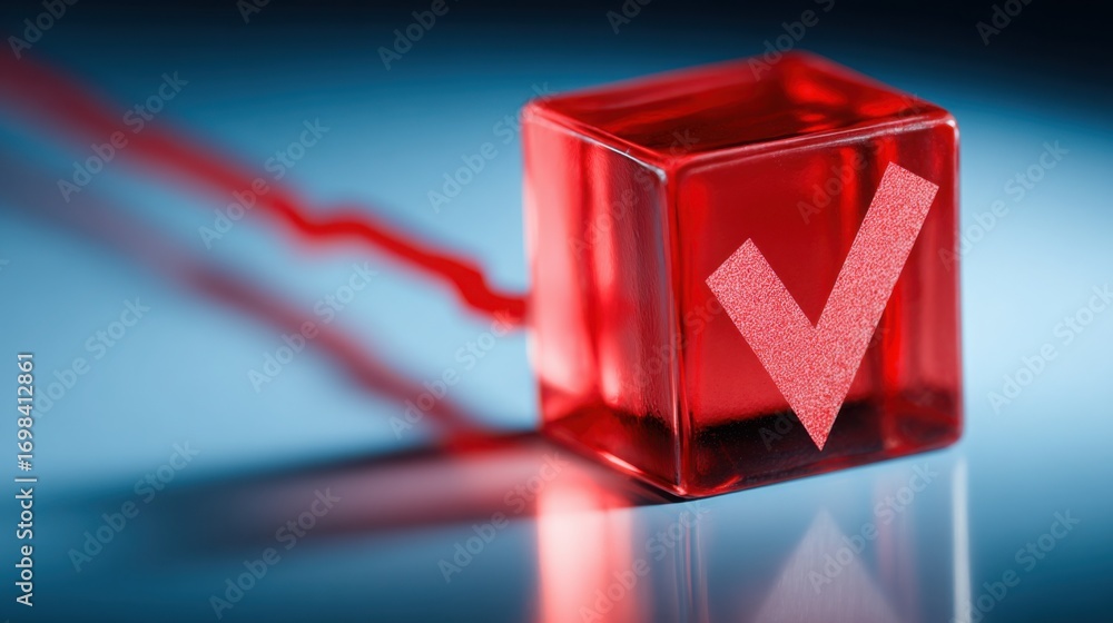 Poster red glass block with arrow symbolizing direction and alert in smart technology entry exhaustion dete