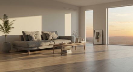 Fototapeta premium Bright interior with sofa plant table and framed art by a window overlooking a scenic landscape