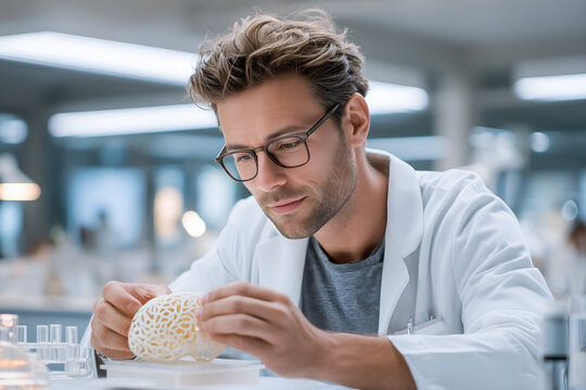 Focused scientist examines intricate 3D model in modern research laboratory setting.