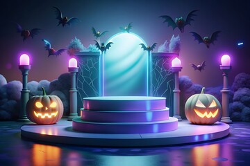 Spooky halloween stage with glowing pumpkins and bats