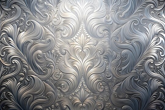 Intricate silver embossed pattern with floral and swirl motifs - Powered by Adobe