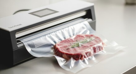 Sous-vide y preparaci&oacute;n de carne con hierbas en una m&aacute;quina de sellado al vac&iacute;o en una cocina moderna