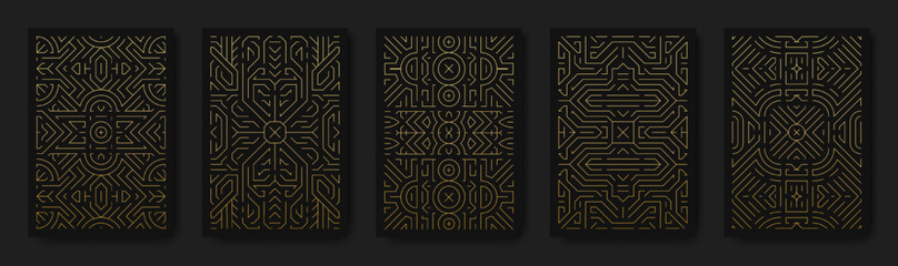 Art deco pattern. Tarot magic card. Mystic geometric engraving texture. Gatsby deck. Premium ornament. Classic foil ornament print. Gold line shape motif. Vector abstract backgrounds set