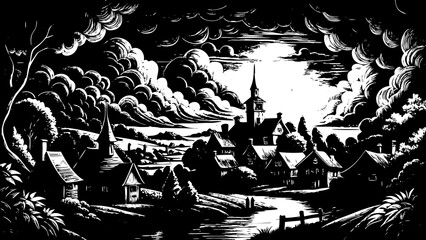 Fototapeta premium Whimsical Artistic Depictions of Cozy Villages in Enchanting Rural Settings