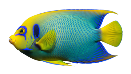 Realistic Yellow and Blue Angelfish Illustration – Exotic Tropical Marine Aquarium Fish with Gradient Scales and Flowing Fins, Isolated on Transparent Background
