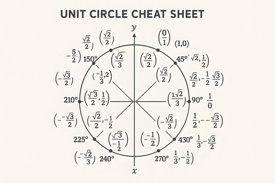 Unit Circle with Trigonometric Values Cheat Sheet for Math Students
