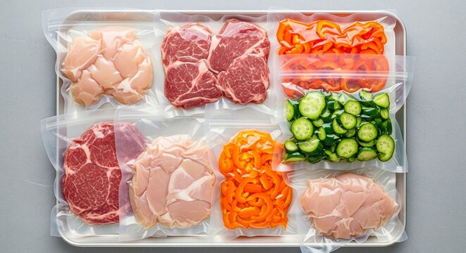 Sous-vide carne y verduras preparadas en bolsas al vac&iacute;o listas para cocinar