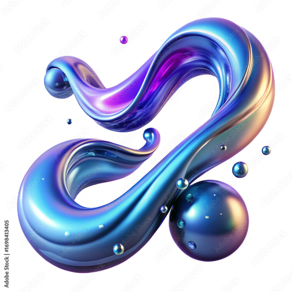 Poster a swirling, iridescent, abstract ribbon shape with small spheres floating around it isolated on tran