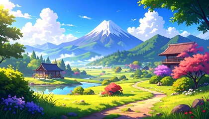 Peaceful mountain village scene