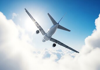 Obraz premium Airplane flying through the clouds with a bright sun shining above, creating a sense of adventure