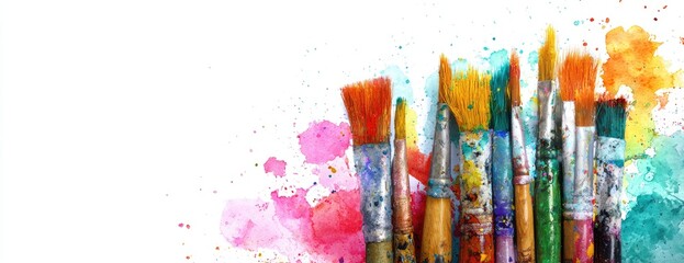 Collection of art paintbrushes with vibrant watercolor splashes on a white background.