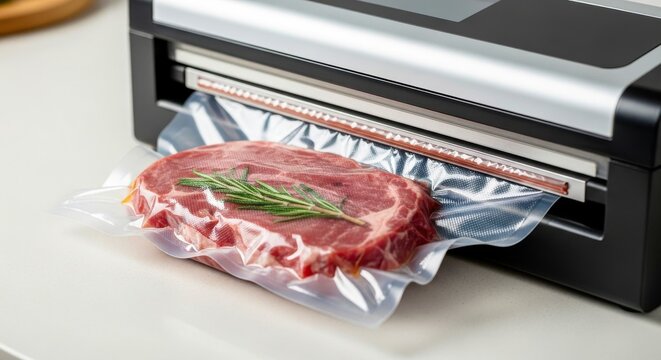 Preparaci&oacute;n de carne para cocci&oacute;n sous-vide con hierbas frescas en la envasadora al vac&iacute;o