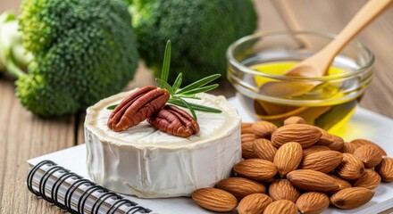 Healthy Foods Fresh Broccoli Nuts Cheese And Olive Oil On Table