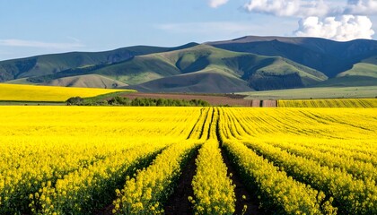 Vast yellow canola field stretches towards mountains