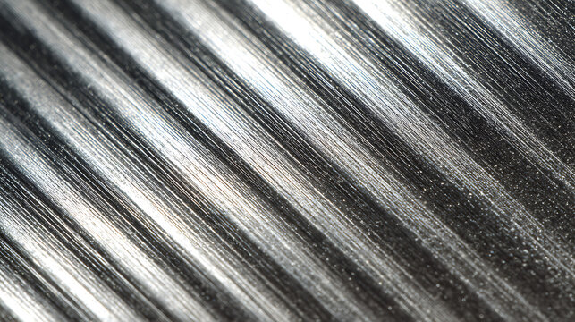 A close-up, abstract diagonal pattern of parallel lines and grooves on a metallic surface, creating a textured background that evokes industrial design and precision.
