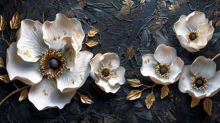 Fototapeta premium subtly textured white and gold painted flowers, Generative AI