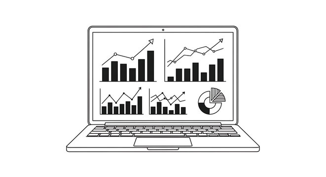 Illustration of a laptop displaying various financial and business charts and graphs, symbolizing data analysis and growth