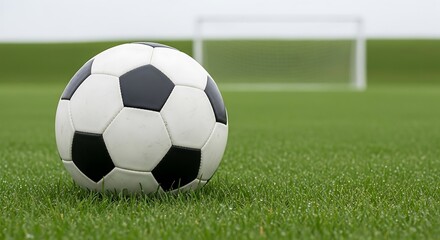 Fototapeta premium Soccer Ball on Dewy Grass with Goal in Background