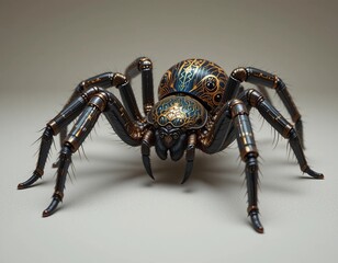 Intricate mechanical spider with ornate metallic details on a neutral background.
