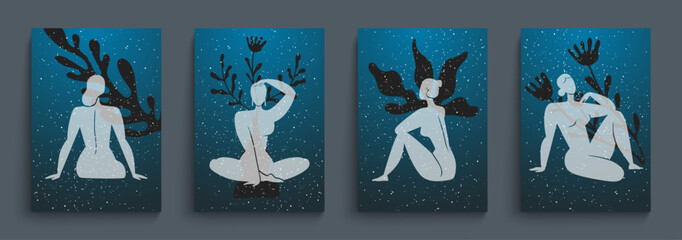 Matisse woman body. Contemporary posters. Abstract modern art. Female poses silhouette. Naked feminine figures. Leaves plant. Starry sky. Minimalist shapes. Vector creative cards set