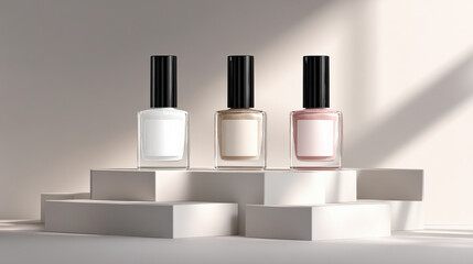 Elegant trio of nail polish bottles displayed on stepped white risers, showcasing minimalist aesthetic with soft lighting. colors include white, beige, and soft pink, creating serene atmosphere