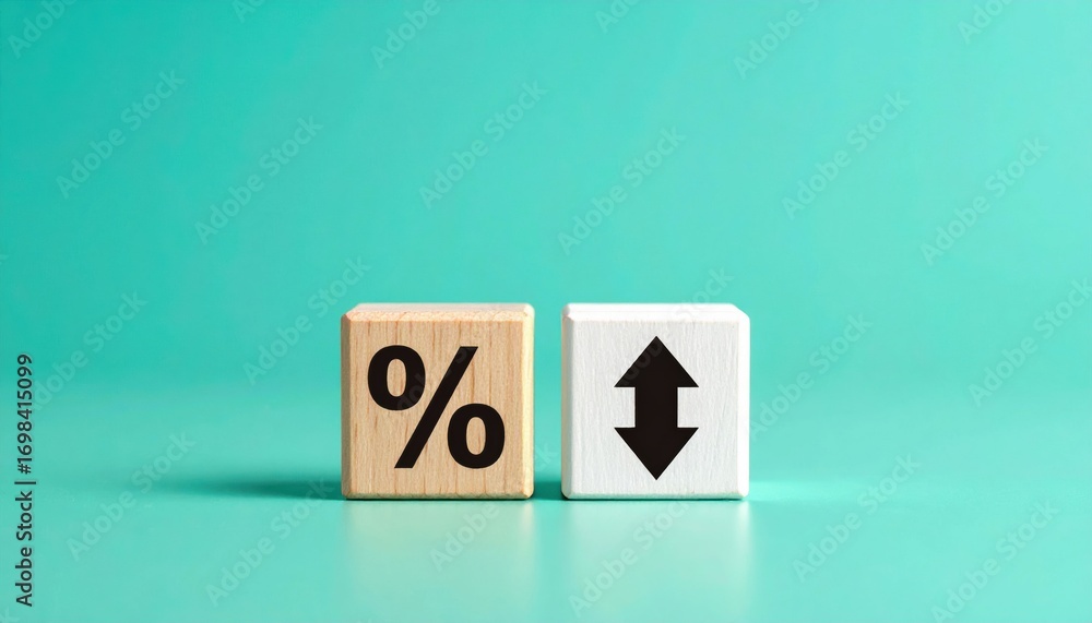 Poster two wooden blocks display a percentage symbol and an up-and-down arrow, set against a teal backgroun