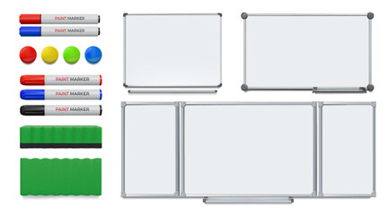 Presentation board. Office whiteboard. Business white notice board with marker pen and duster. Realistic classroom blackboard. School education. Vector isolated learning equipment set © SpicyTruffel