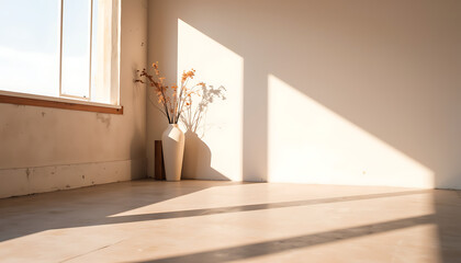 Serene minimalist interior bathed in warm natural sunlight with elegant dried floral arrangement casting shadows