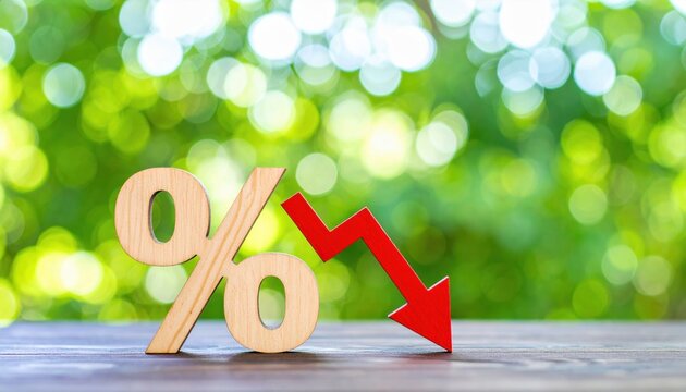 A wooden percentage symbol with a downward red arrow is set against a blurred green background, symbolizing a decrease or decline in values.
