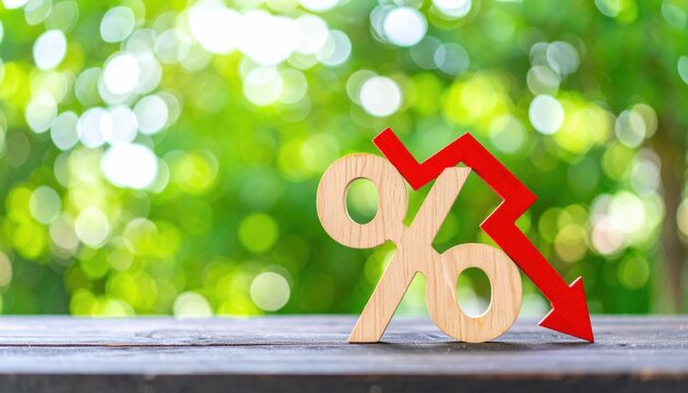 A wooden percentage symbol with a red downward arrow sits on a table, set against a blurred green background, symbolizing a decrease in values or rates.