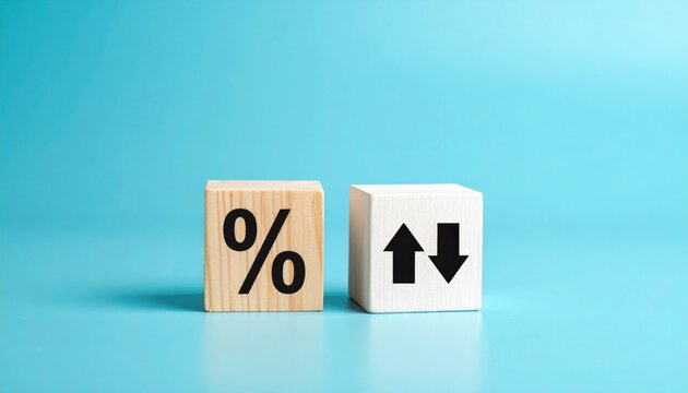 Two wooden blocks display a percentage symbol and arrows indicating increase and decrease, set against a light blue background.