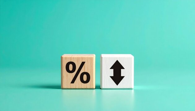 Two wooden blocks display a percentage symbol and an up-and-down arrow, set against a teal background, suggesting themes of finance or data analysis.