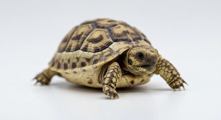 Obraz premium 小さな亀 白い背景でゆっくり歩く 柔らかな光輝く (Chiisana kame shiroi haikei de yukkuri aruku yawarakana hikari kagayaku) Translation: Small turtle walking slowly on a white background, soft light shining.. AI Generated