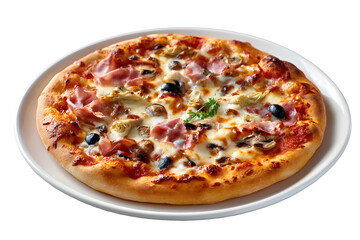 Classic Pizza Capricciosa on a plate. This traditional Italian pizza is topped with baked ham, mushrooms, artichokes, olives, and mozzarella cheese.