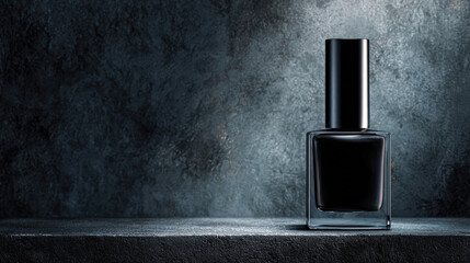 Sleek black nail polish bottle stands elegantly against dark, textured background, creating minimalistic and luxurious aesthetic. high fidelity of image highlights product design and color