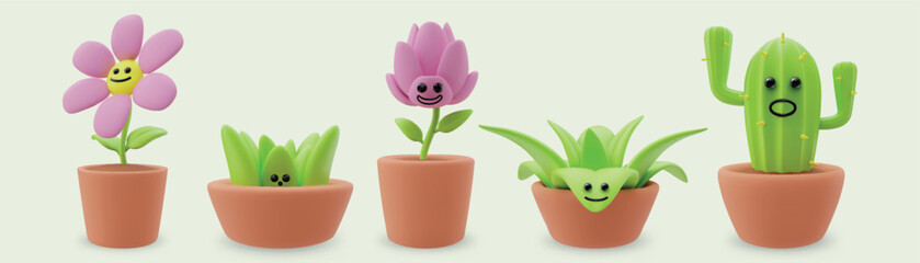 3d plants. Flower cactus characters, cute succulent face in pot or green kawaii flowerpot. Decorative sansevieria, houseplants in pots. Glossy render cartoon isolated vector illustration