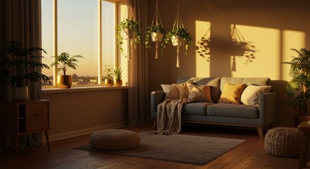 Obraz premium Warmtoned living room with plants in macrame hangers couch with pillows and a window casting sunlight