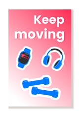 Motivational fitness poster with dumbbells, smartwatch and headphones. Perfect for gym wall art, workout inspiration, sport design and healthy lifestyle projects.