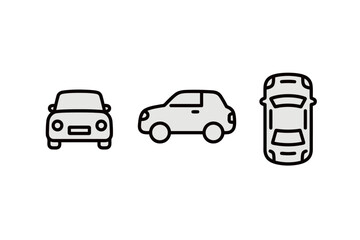 A set of simple, flat vector illustrations of a car, showcasing its front, side, and top views in a clean, minimalist style.