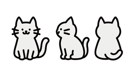 A set of simple, cute, flat vector illustrations of a cat in different poses, including front, side, and back views.