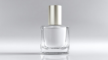 Clear glass perfume bottle with sleek design and metallic gold cap, set against soft gray background, exudes elegance and simplicity. This minimalist style enhances beauty of product
