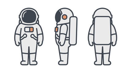 A set of simple, flat vector illustrations of an astronaut, showcasing a front, side, and back view of the space suit.