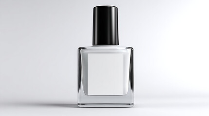 Clear nail polish bottle with black cap, featuring blank label for customization, set against minimalist background. design emphasizes elegance and simplicity