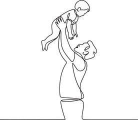 Minimal continuous line art of father lifting child in air abstract family illustration vector